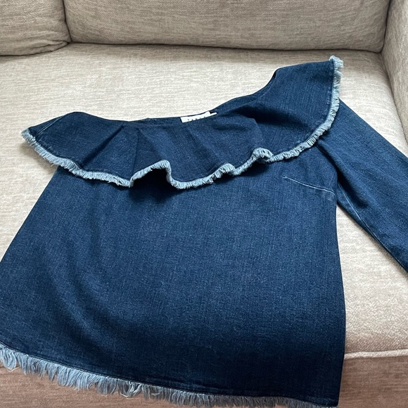 TANYA TAYLOR Denim Orla One-Shoulder Ruffle Fringe Top in Indigo - Picture 6 of 7